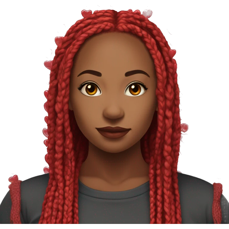 box braids color red, front facing, shoulder length, with hearts emoji