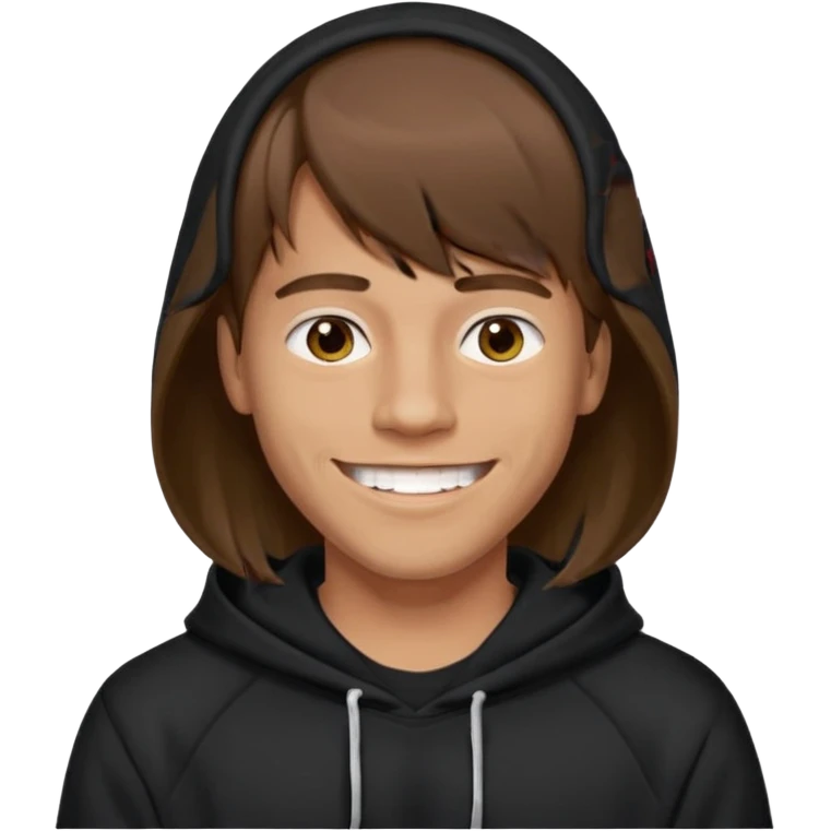 20 yr old man, brown hair, straight, big smile, white teeth, tanned skin, bangs, black hooded sweatshirt, long hair in back, middle parted bangs emoji
