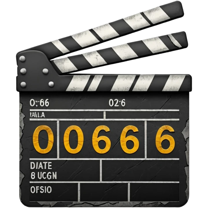 Minimalist emoji-style sticker of a cracked movie clapperboard with the date “06/06/66”, faint scorched marks, all in grayscale


 emoji
