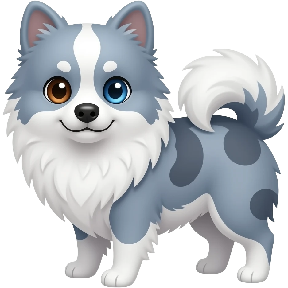 Blue merle Pomeranian  with one blue and one brown eye emoji