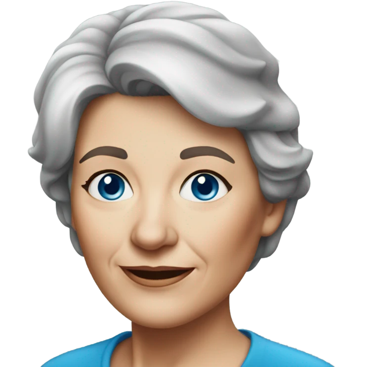realistic portrait of a older woman with shorter brown hair and silver streaks and blue eyes  emoji