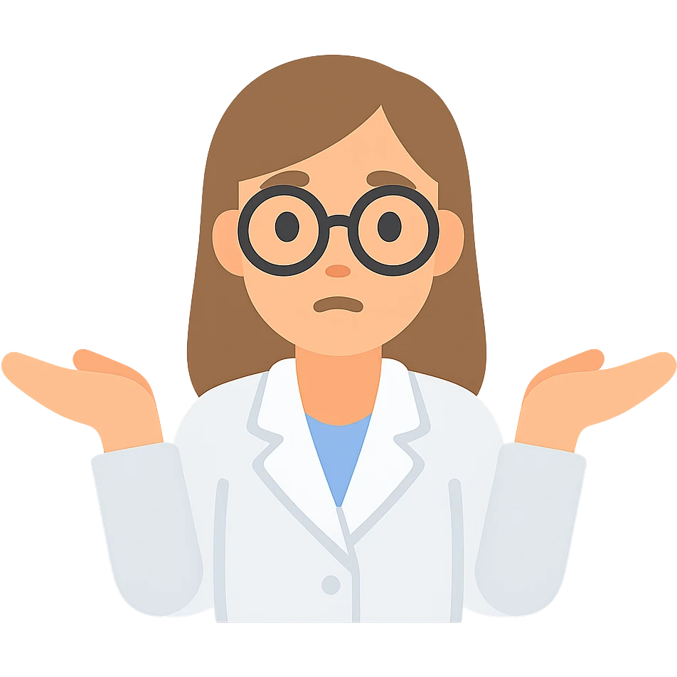 female scientist shrugging, glasses, lab coat, minimal background, flat color style emoji
