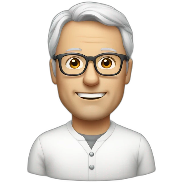 46-year-old white Dutch man with Grey glasses and a white blouse with small chairs on it emoji