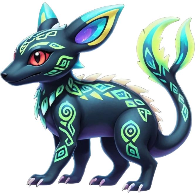 Colorful Neon Exotic Salandit-Aurorus-Umbreon-Fakémon-hybrid-creature (full body) with iridescent tribal markings emoji