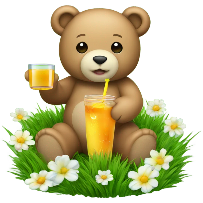 Teddy bear drinking juice sitting on green grass with flowers  emoji