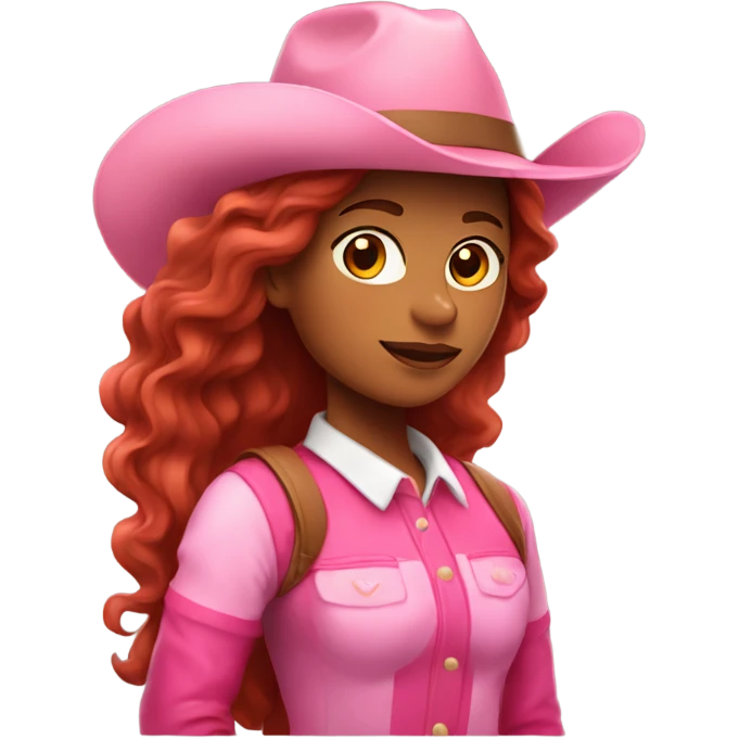 Latina girl with long red wavy hair and pink hat and pink boots riding a horse emoji