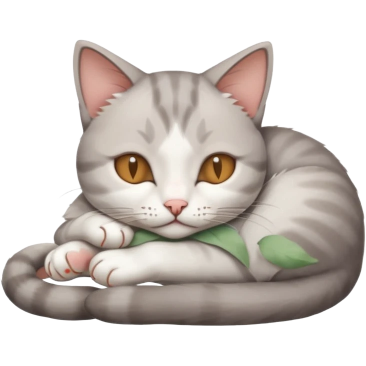 grey and white small cat with its eyes closed lying down with his head leaning on his paw emoji