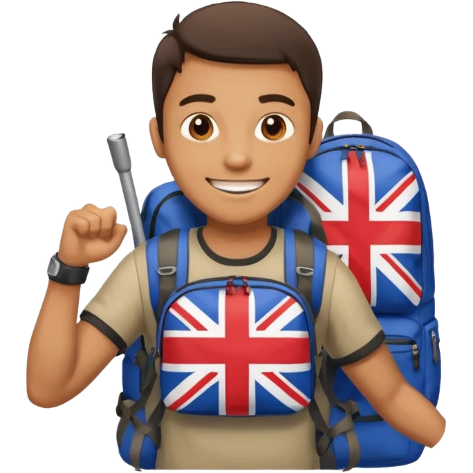 A guy with a hiking backpack and a Union Jack on his T-shirt holds the Union Jack. emoji