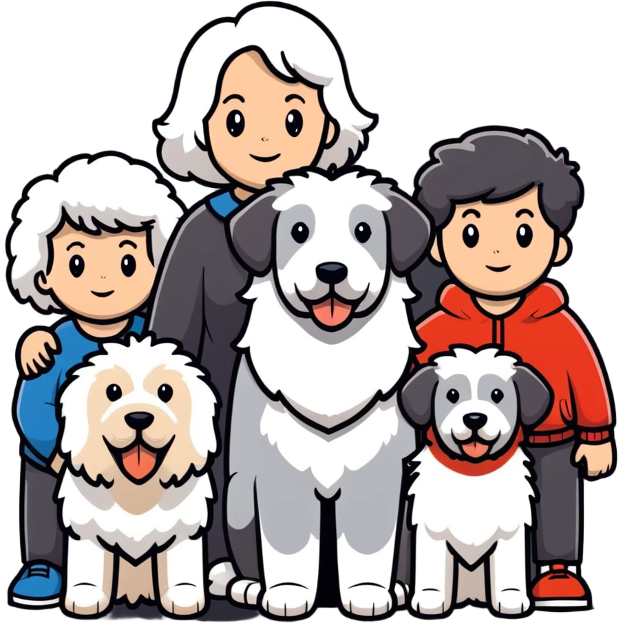 A family with mom, dad, three sons, and an Old English Sheepdog emoji