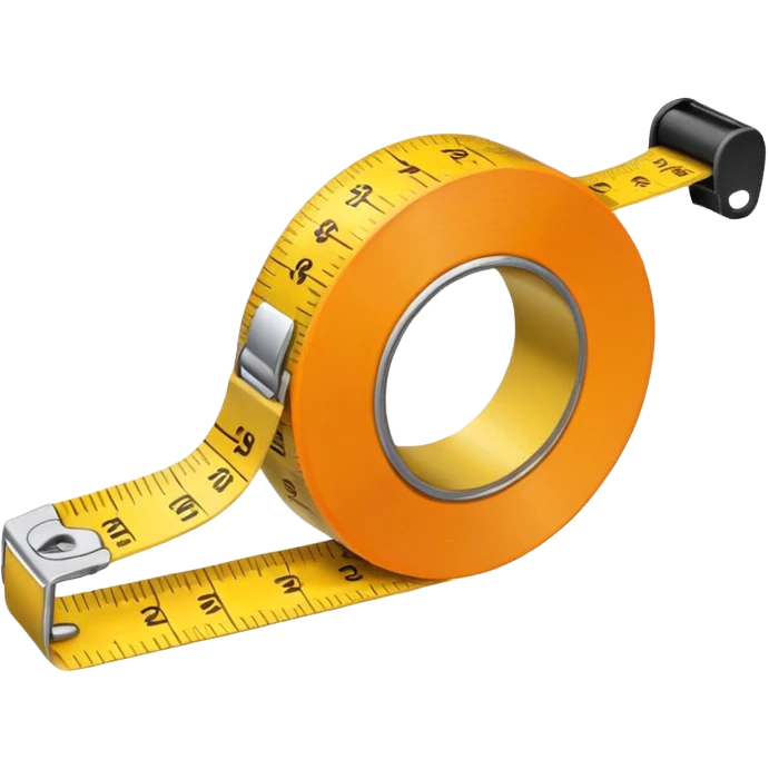 Flat vector illustration of a rolled measuring tape in yellow and orange color, simple bold outlines, minimal shading, emoji style, centered on white background. emoji