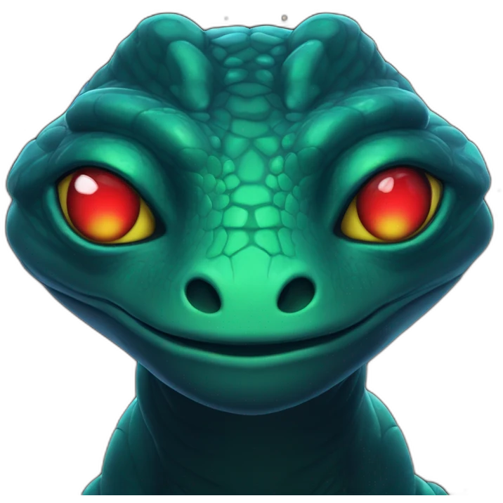 Aquamarine Reptilian with red lasers from the eyes in black suite with black universe and stars on the background emoji
