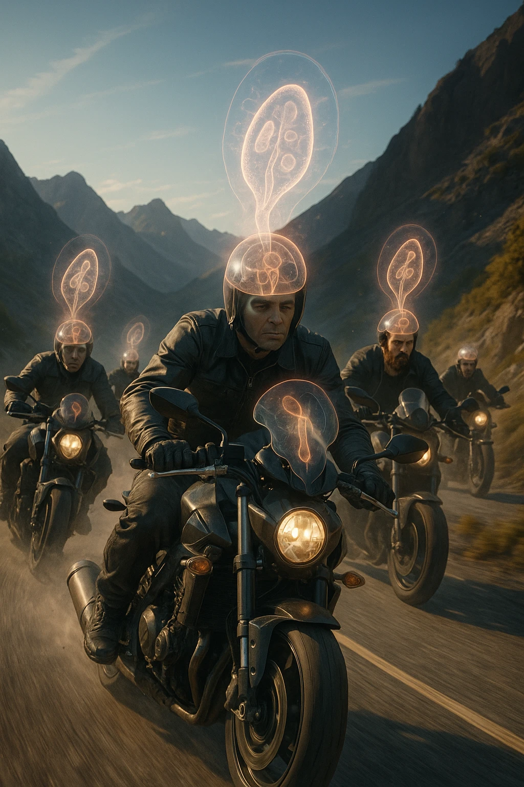 A group of motorcyclists riding aggressively along a winding mountain road at high speed. Their expressions are eerily calm and fearless. Faint, translucent parasite-like forms (symbolizing Toxoplasma gondii) overlay their heads or brains, emitting a subtle glow. emoji