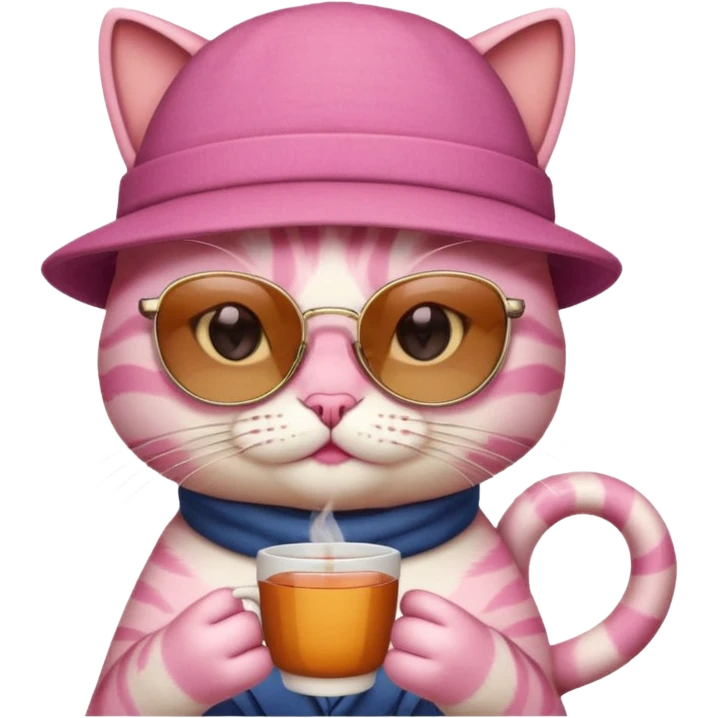 Pink cat with hat, holding cup of tea, wearing sunglasses emoji