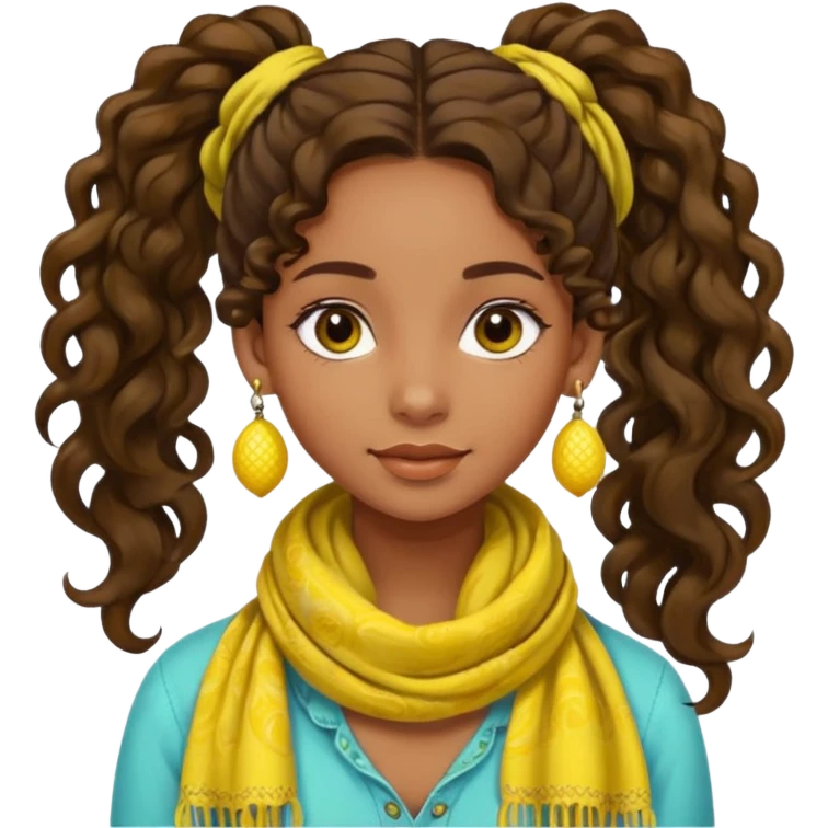 brown-skinned girl, bohemian, long curly brown hair in a ponytail, lemon yellow scarf, round earrings emoji