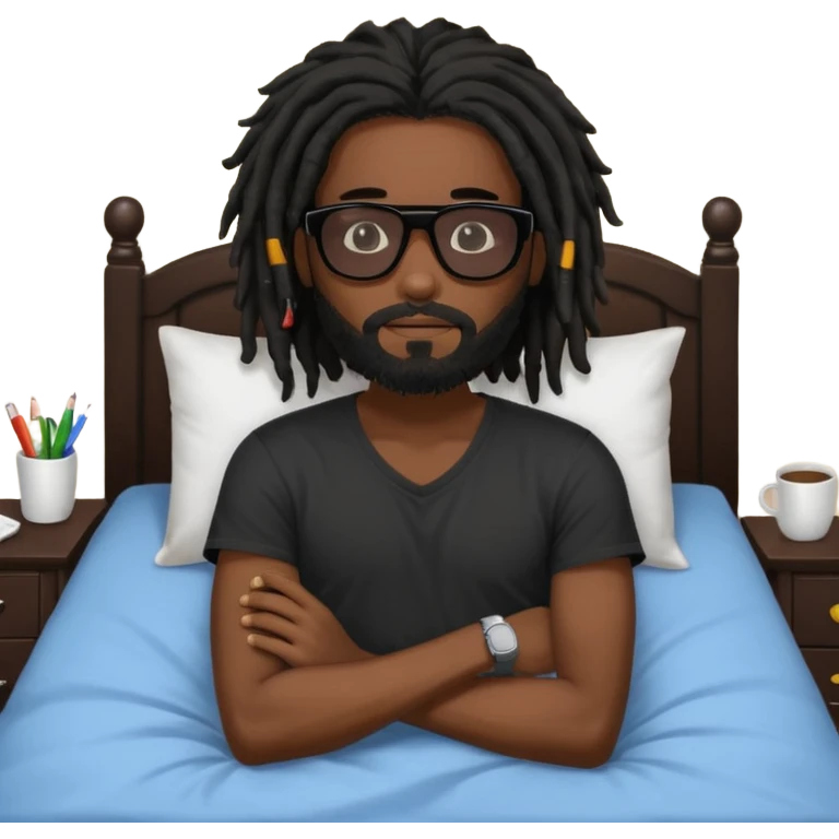 African American man with beardwith shoulder length black dreadlocks wearing black sunglasses waking up in bed emoji