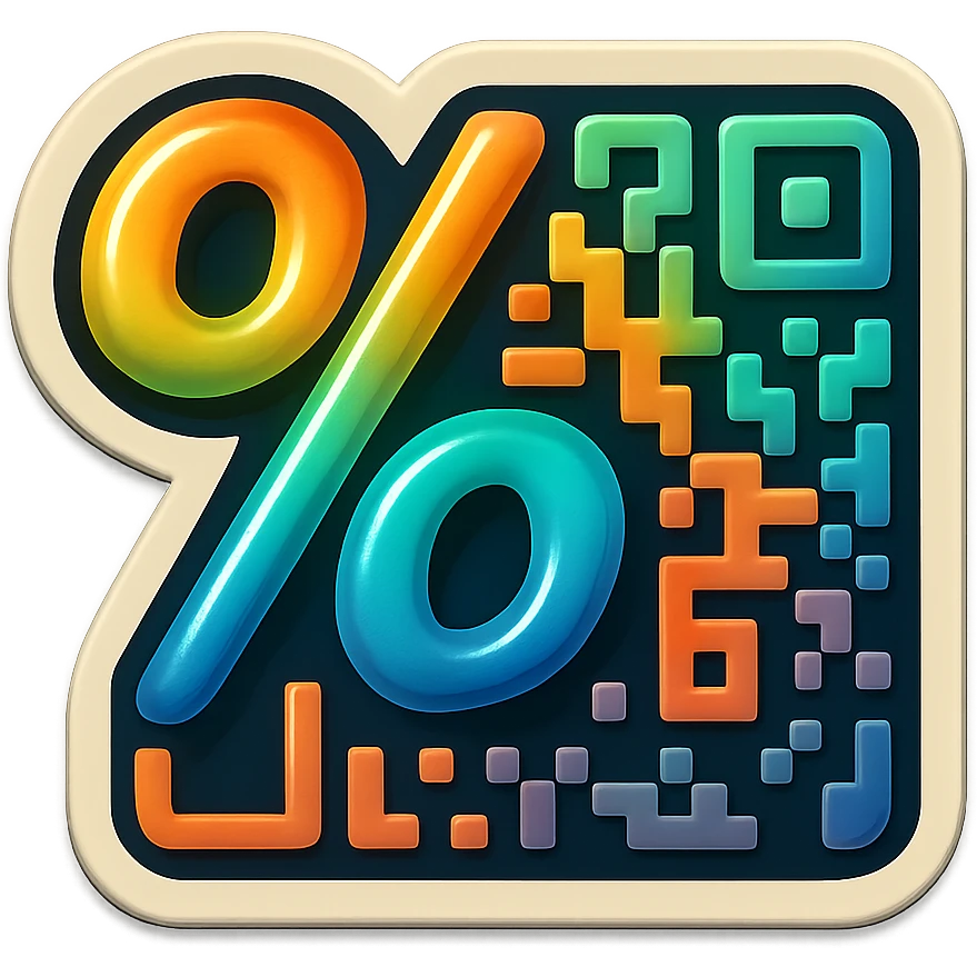 badge featuring a QR code that integrates a large percent sign (%) within it emoji