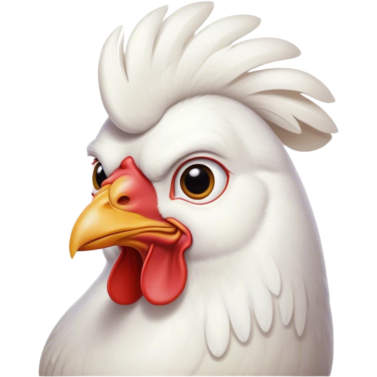 Cinematic Noble White Chicken Portrait Emoji, Poised and regal, with a compact, sturdy build and a pristine, well-groomed pure white plumage, deep-set soulful beady eyes, Simplified yet sharp and sophisticated features, highly detailed, glowing with a soft, dignified glow, high shine, intelligent and alert, stylized with an air of barnyard elegance, focused and attentive, soft glowing outline, capturing the essence of a watchful and confident fowl, so majestic it feels as though it could strut out of the screen with effortless authority! emoji