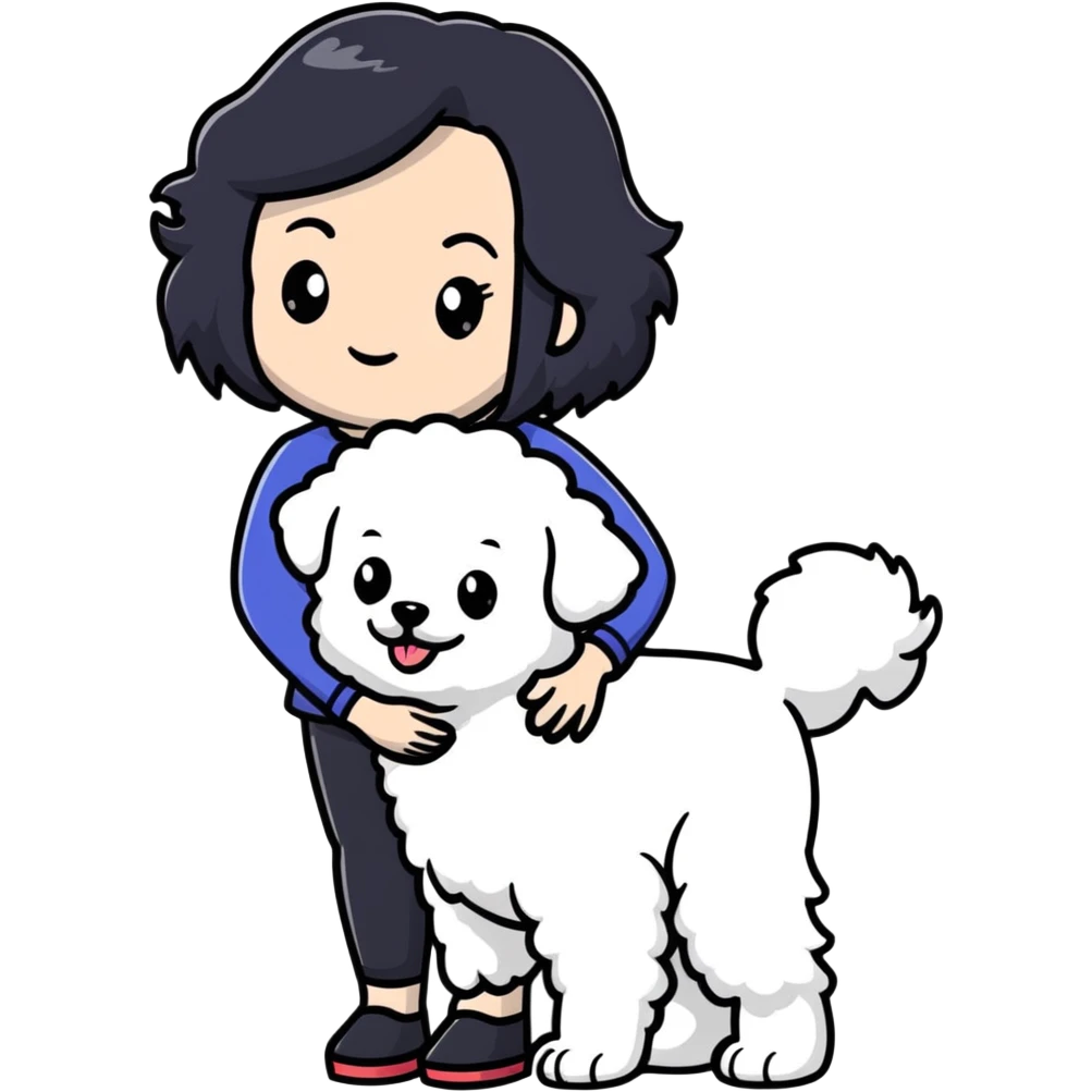 woman with long black hair holding white fluffy Bichon Frise dog emoji