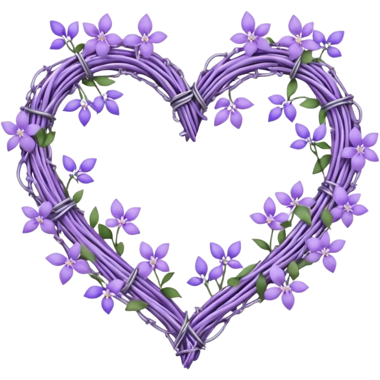 Pastel purple heart shape made out of barb wire vines with lavenders and lilacs adorning the border with crystals hanging  emoji