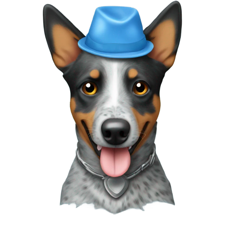 Blue heeler wearing poop hat emoji