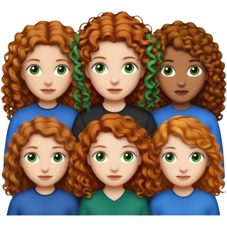 Make me 3 girls. One with medium size curly ginger hair, white skin and green eyes,  one with long curly dark brown hair with a little just a little darker skin and brown eyes,  and one with white skin and straight dark blonde hair and blue eyes  emoji