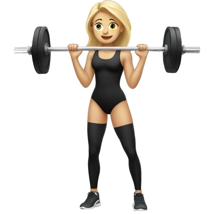 Tall Blond girl in black bodysuit holding a barbell emoji