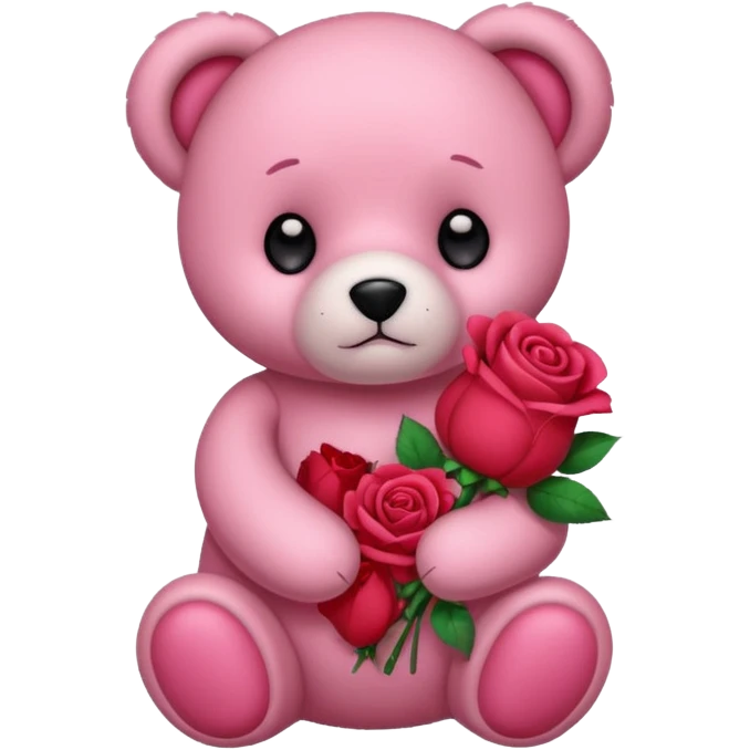 Cute pink teddy bear with sad puppy dog eyes holding roses  emoji