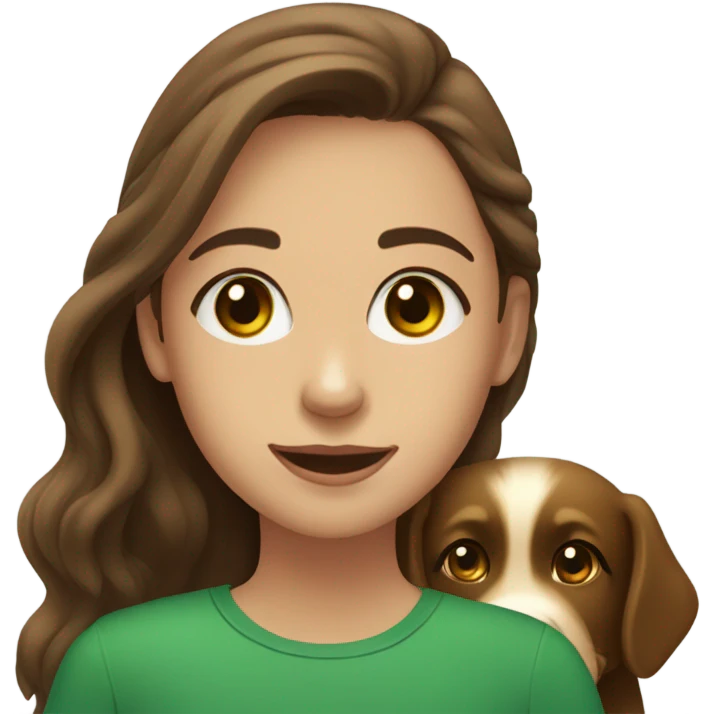 Girl with brown hair and green brown eyes next to a black golden retriever emoji