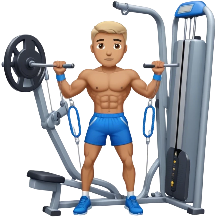 standing fit man with blue shorts cable-machine exercise emoji