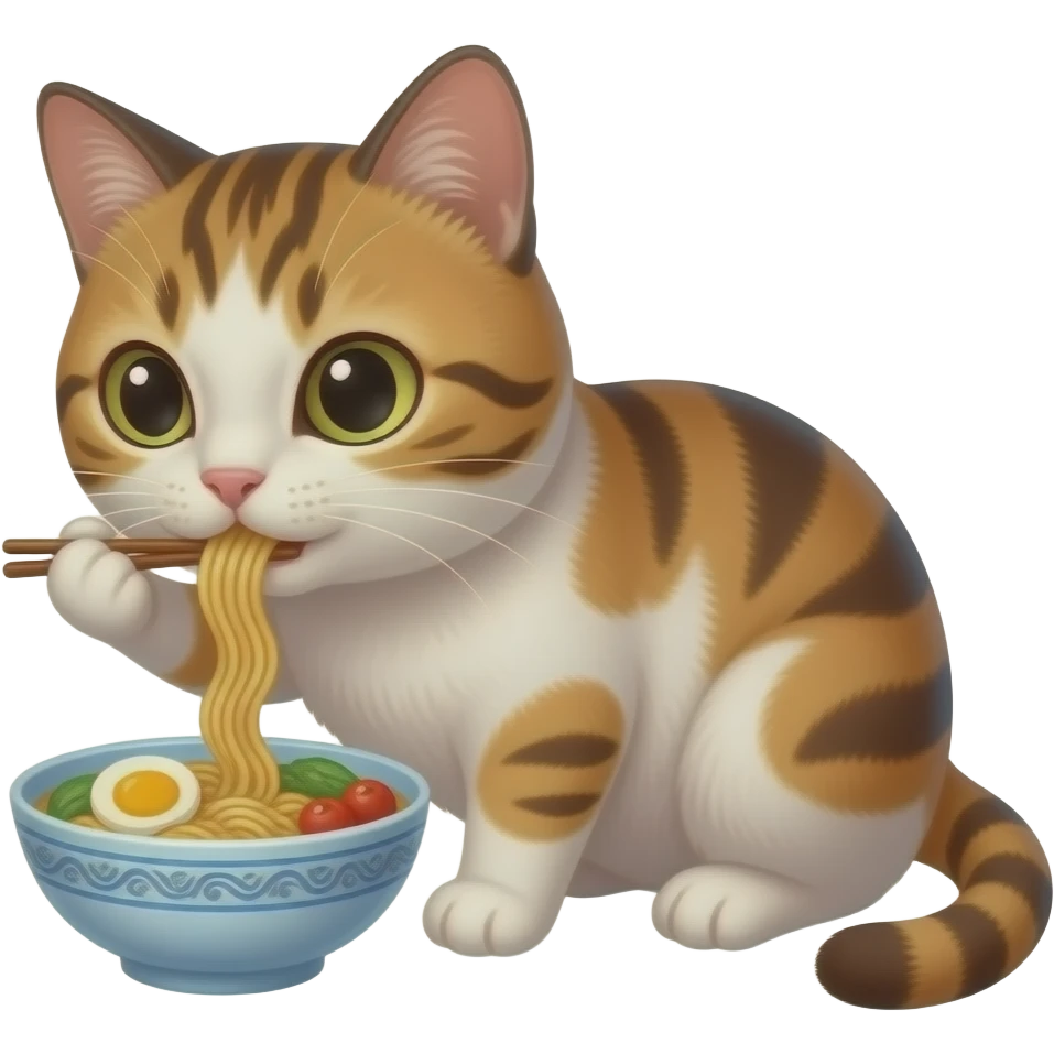 Japanese style baby tortoiseshell cat eating ramen noodles emoji