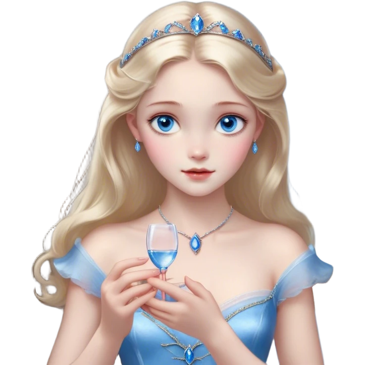Cinematic Realistic Cinderella Portrait, depicted with lifelike skin texture, subtle rosy undertones, and soft natural lighting that enhances the gentle contours of her face. Her intricately detailed golden blonde hair is elegantly styled in an updo, with delicate wisps framing her face. Her deep, expressive blue eyes radiate warmth and sincerity, reflecting a quiet resilience and grace. She holds a glass slipper gently in one hand, her other hand resting gracefully at her side, emphasizing the timeless beauty of the moment. She is dressed in her iconic ball gown, the fabric shimmering with intricate embroidery and fine translucent layers that catch the light beautifully. The soft sheen of satin gloves adds a magical touch to her graceful pose. The portrait features an enchanting glow with a natural, luminous finish, seamlessly blending realism and fairytale charm to evoke a sense of depth, elegance, and timeless beauty. emoji