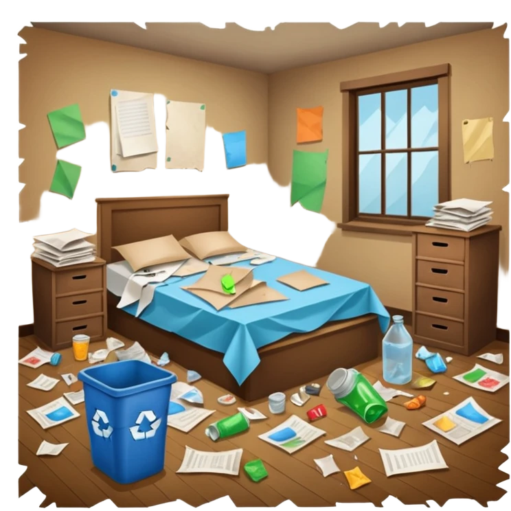 dirty room with papers and trash emoji