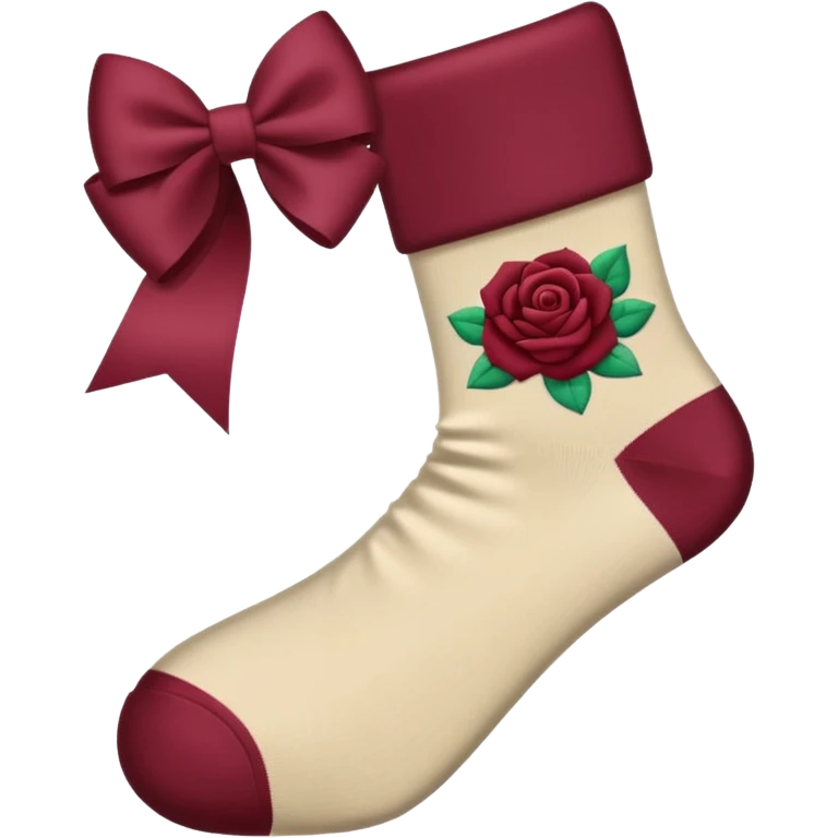 beige socks with a burgundy bow in a ribbon rose style, emoji style emoji