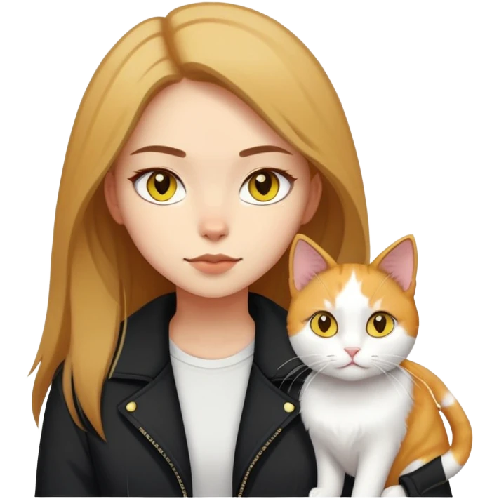 A light-skinned brown straight-haired girl wearing black jacket, along with two cats. One cat is pure white cat with yellow eyes, another is a calico cat emoji