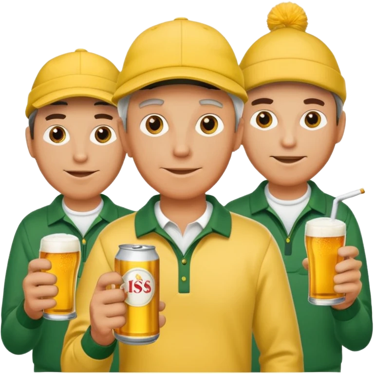 16 men on a golf trip wearing yellow golf caps all holding a beer can with a Xmas style label emoji