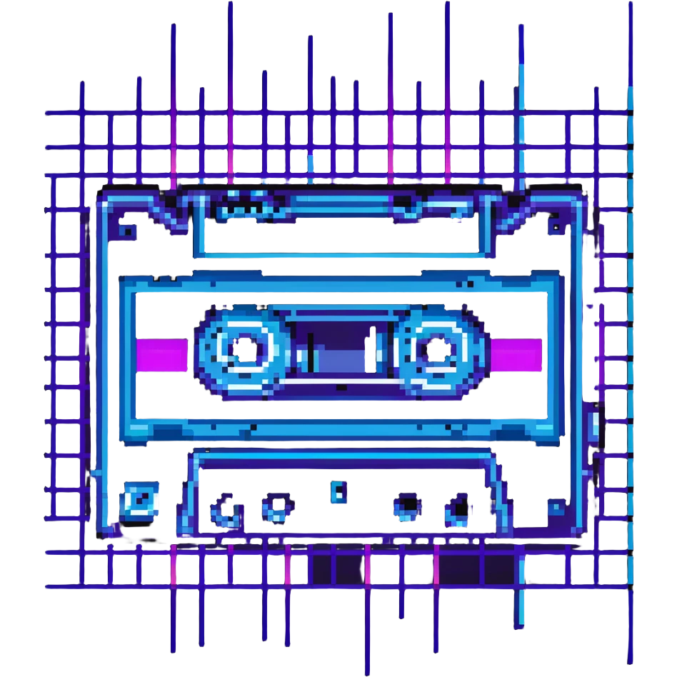 cassette tape with purple and blue neon colors and retro grid background emoji