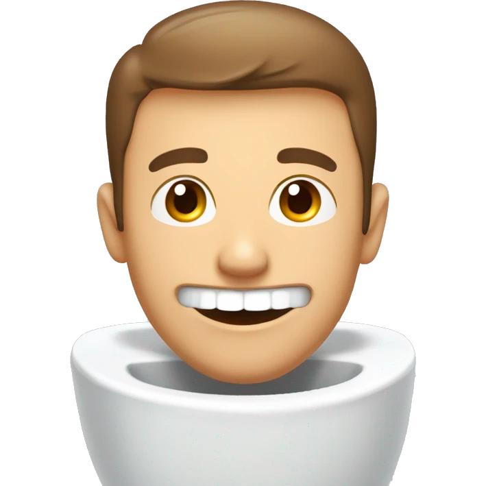 man's head and neck looking out of toilet bowl smiling, brown short hair, toothy smile, stubble, coming out of toilet bowl emoji