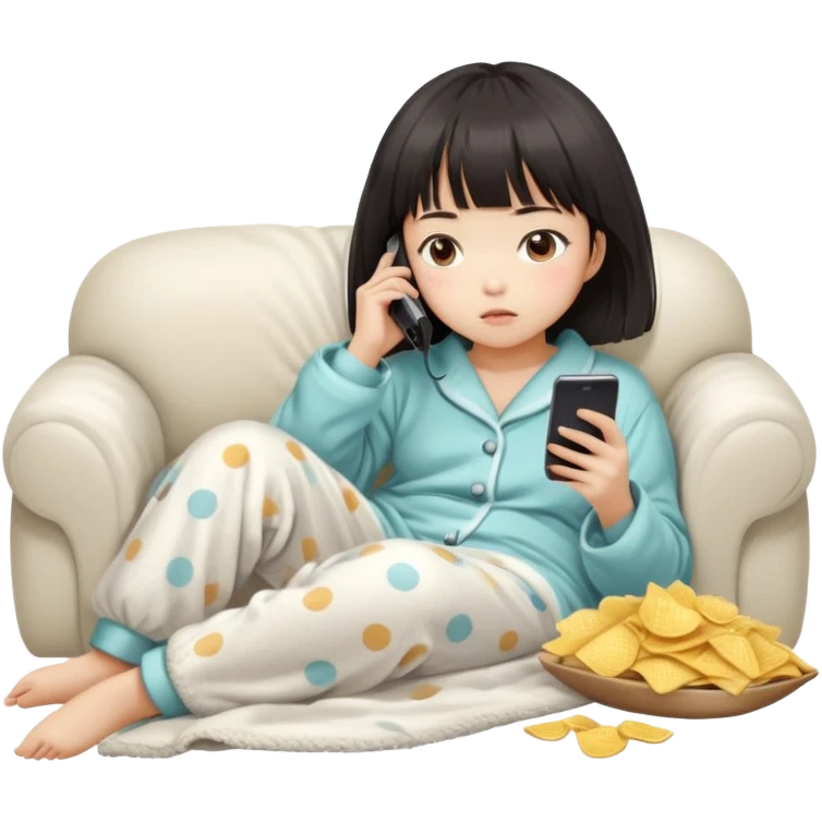 Cute East Asian girl, soft fair skin, straight bangs, messy inward bob. Wearing fluffy pajamas, lying on couch under blanket, holding chips and phone, expression blank and tired. emoji