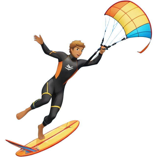 An athlete in a wetsuit riding a kiteboard, soaring over the waves with the kite high in the sky. The background features a vibrant blue sky and crashing ocean waves, capturing the thrill and freedom of kitesurfing in dynamic motion. emoji