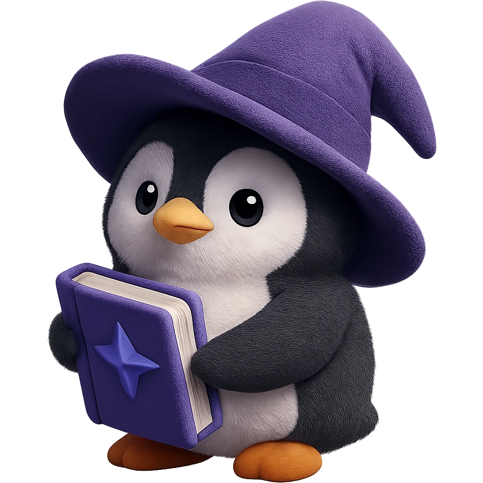 A penguin wizard apprentice with an oversized wizard hat that's slightly tilted, holding a spell book. The plush penguin has a curious expression and soft fuzzy texture. emoji