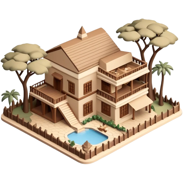 Isometric exterior brown and beige Walt Disney World Animal Kingdom safari resort, dollhouse style 3D realistic  emoji