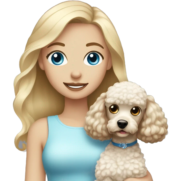 Blonde girl with blue eyes holding poodle with brown and white hair emoji