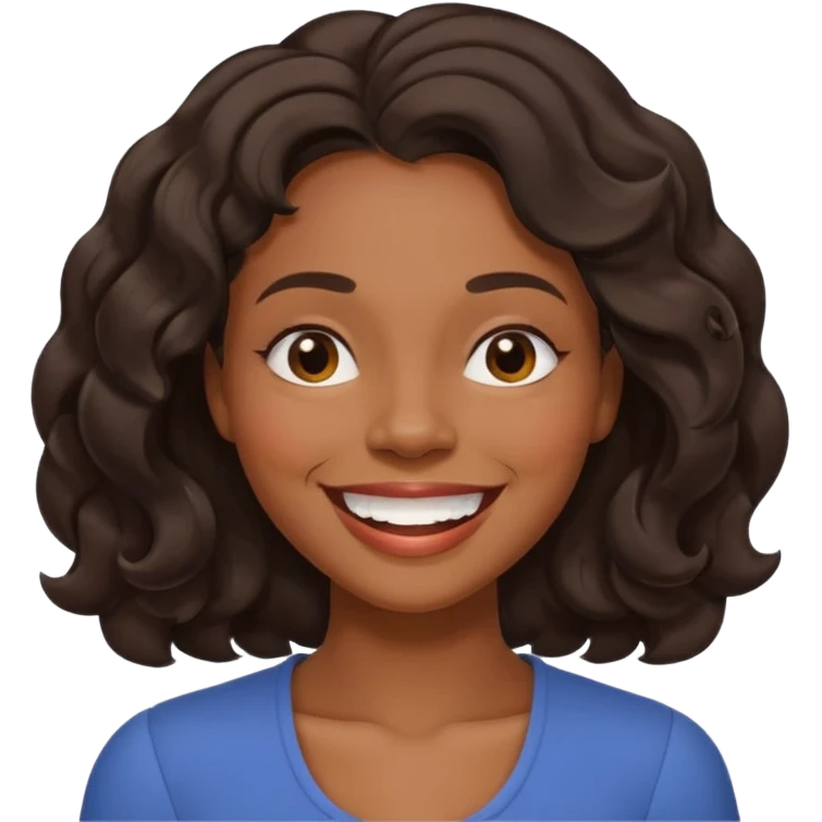 Happy fuller  face with big smile showing top teeth,  high cheek bones, dark brown skin color black women wavy hair shoulder length with side part, eyes slightly closed emoji