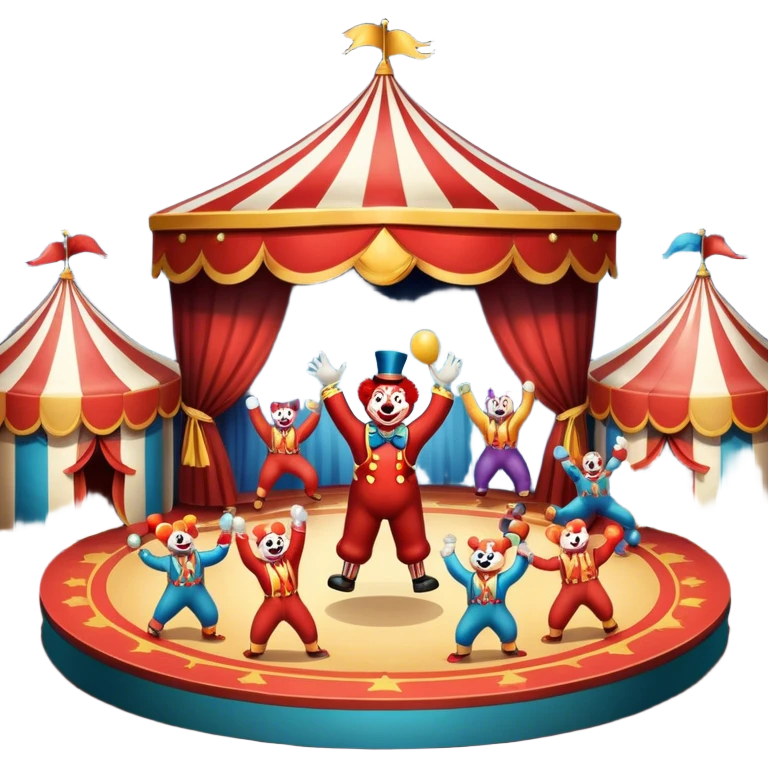 Professional icon for Circus Arts: a dynamic circus stage with acrobats in mid-performance, a clown and trained performing bears. The icon should convey the skill and excitement of the circus, with precise details on costumes, props, and the arena setting. Transparent background. emoji