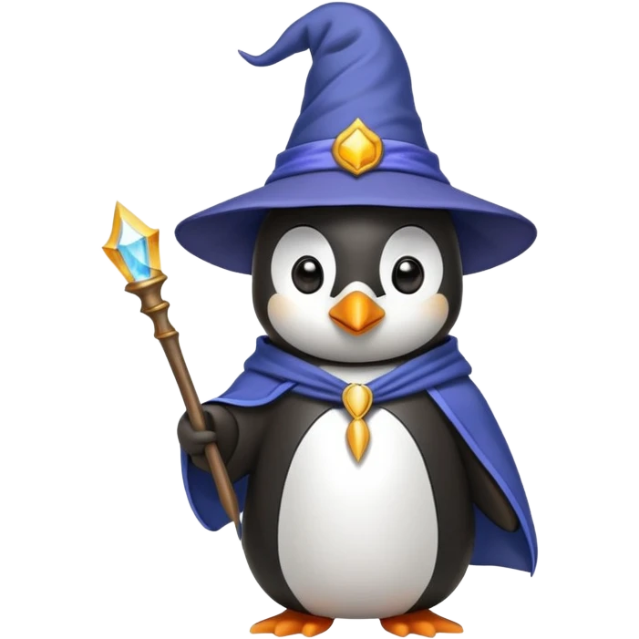 Penguin wearing wizard hat and robe holding a magic wand emoji