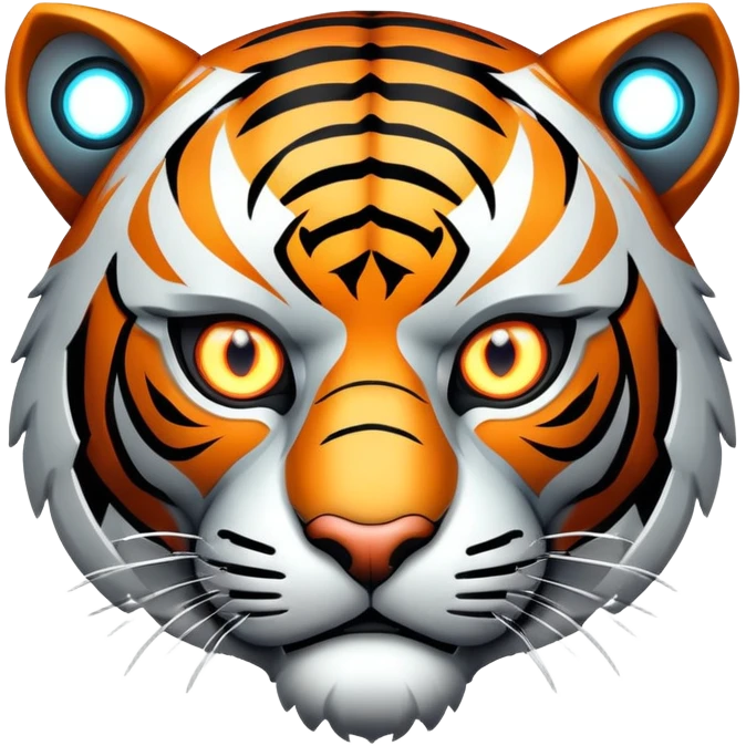 cyborg tiger face with robotic parts and glowing eye for Twitch emote emoji