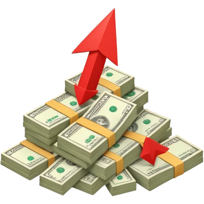 a pile of money with red arrow up emoji