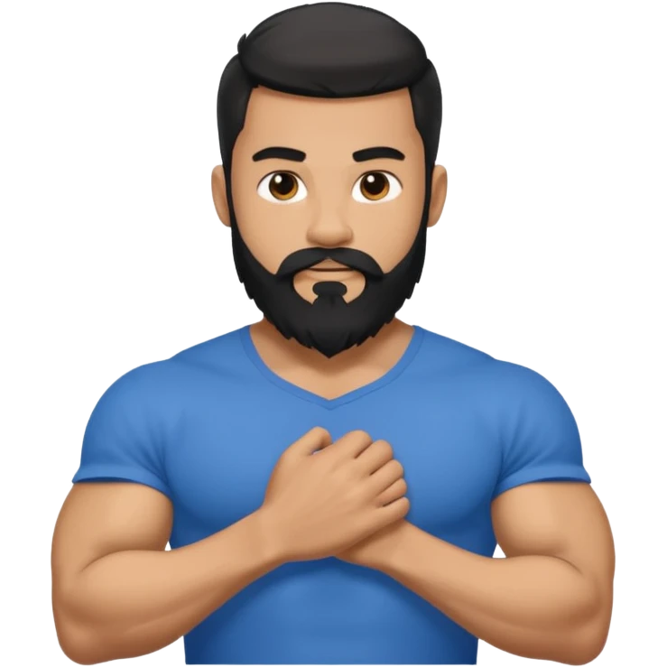 generate an ios genmoji of a 20 year old tan boy with long long long black beard that reaches his chest. Big biceps. wearing a blue shirt that fits his arms emoji