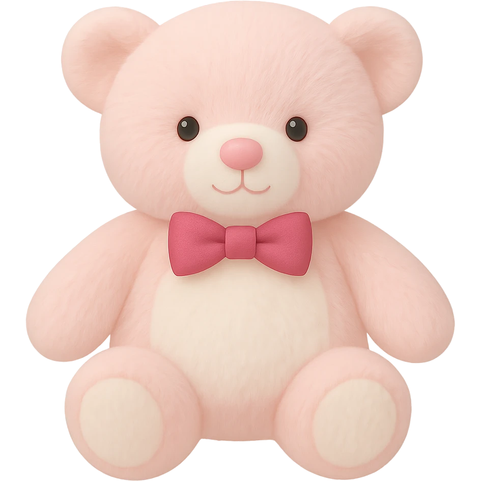 Add a bow tie to the teddy bear, keeping the pink and white fur, flat lighting, no shadows or background, soft plush look, maintain transparency. The style should reflect a soft plush teddy bear with flat lighting and no shadows, isolated on a transparent background. emoji