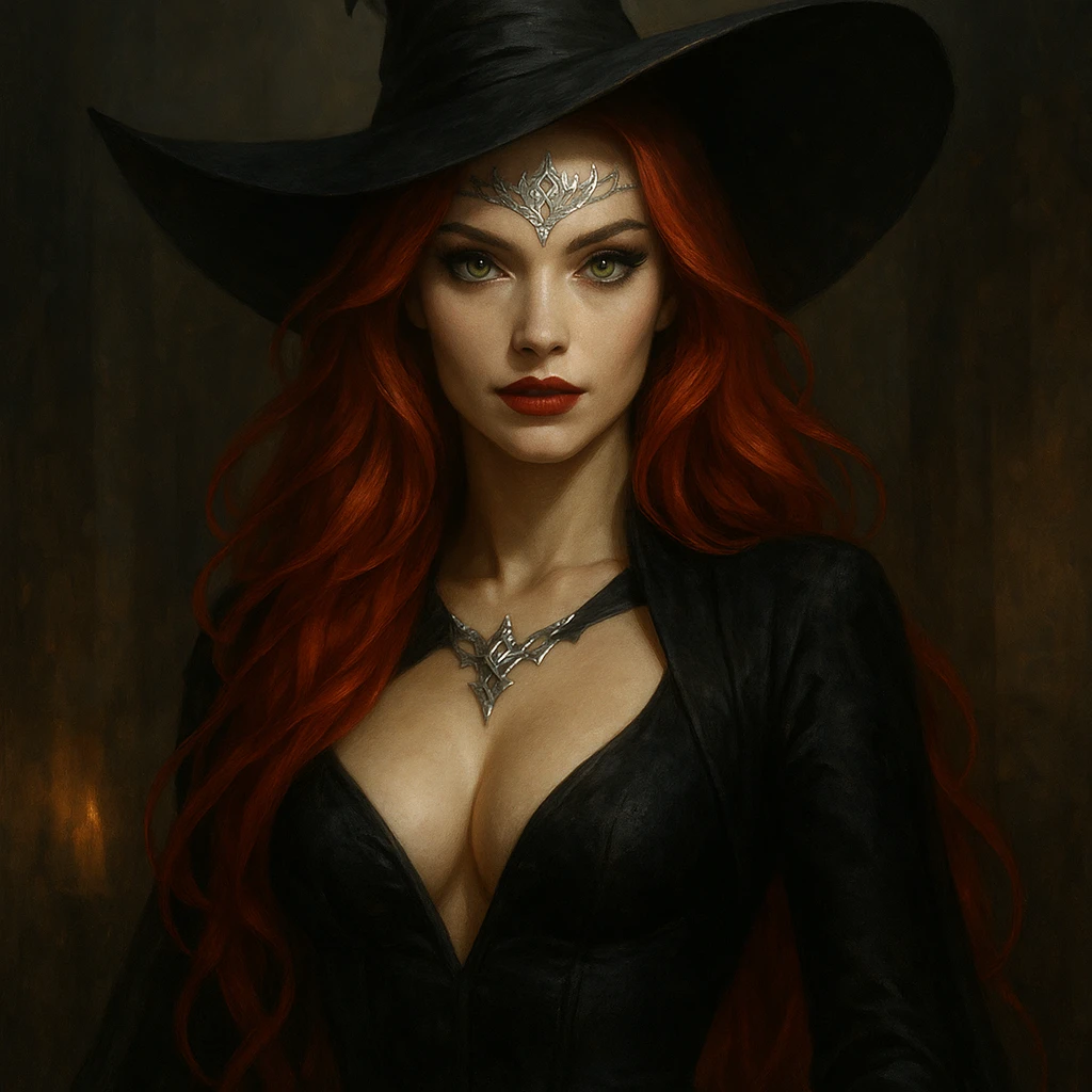 sexy witch queen with long bright red hair, bright green eyes, and a silver tattoo on her forehead resembling a crown emoji